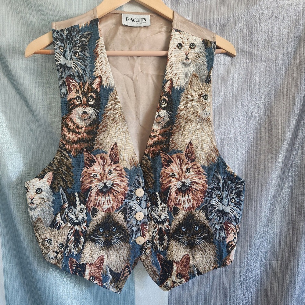 Facets Vintage Cat Tapestry Vest Womens L Woven 90s Twee Teacher Kitsch Quirky